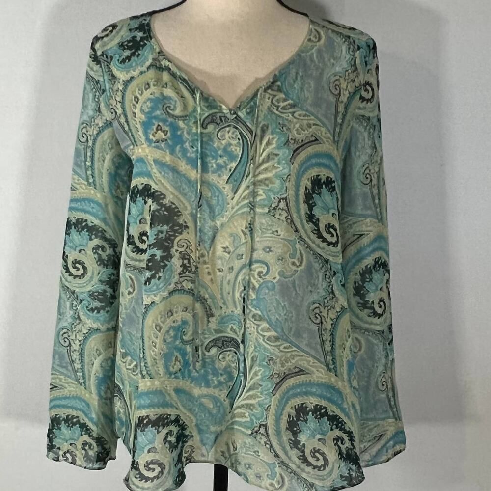Motherhood Maternity Chiffon Tunic Blouse Green Paisley Print Women's Size Med